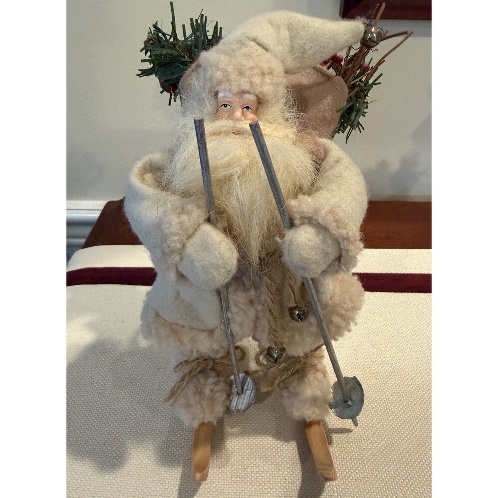 TJ Santas by Tina Mitchell Vintage Style Skiing Santa Claus Ornament Faux Fur